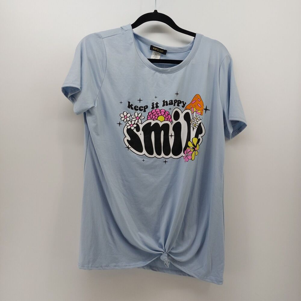 Ruby & Lace Light Blue Top Tee flowers mushrooms Keep it happy Smile Plus Sz 1X
